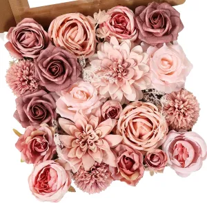 Artificial Flowers Combo Dusty Pink Roses with Stems Bouquets Bridal Wedding Shower Decorations Fake Floral for Party Table Centerpieces Home Decor