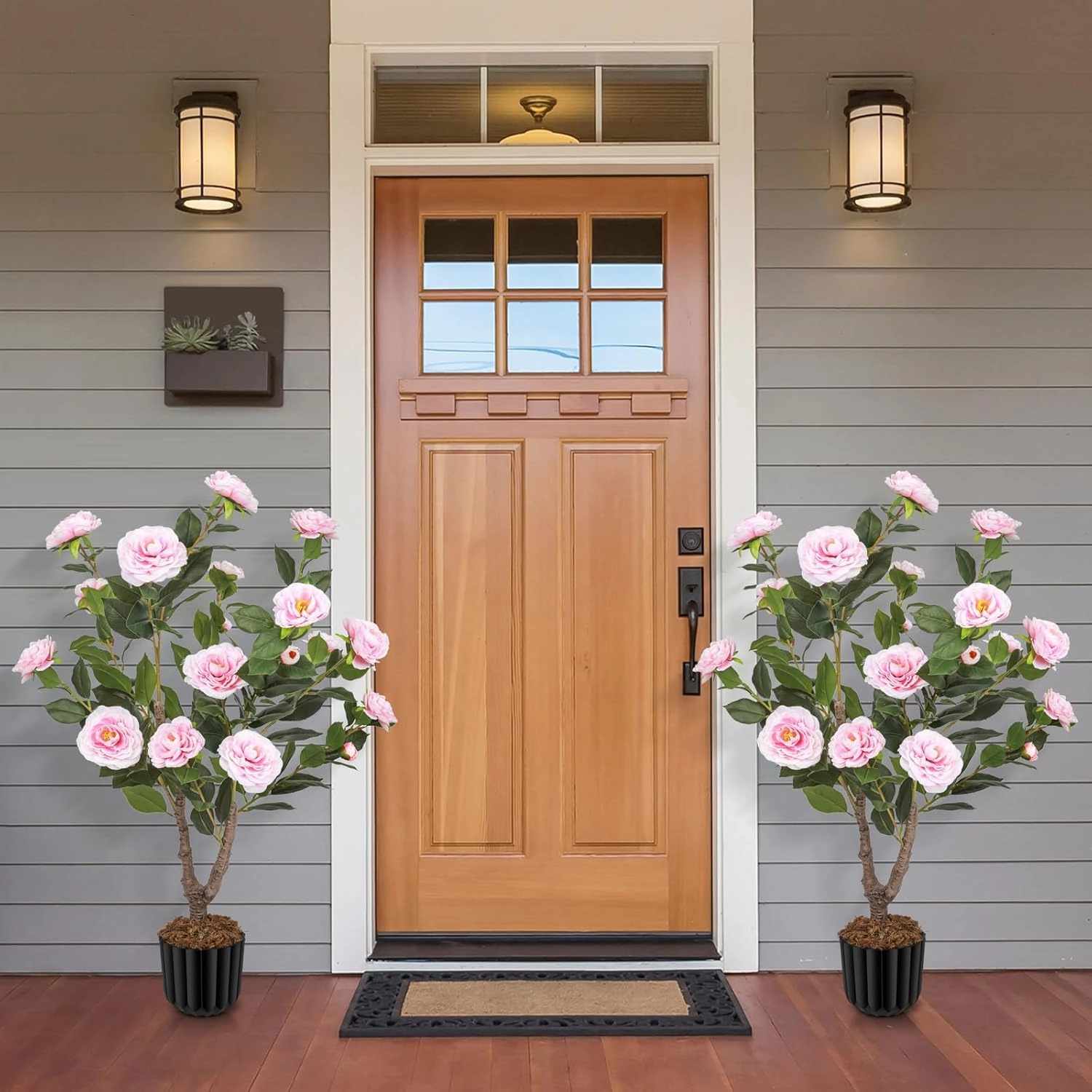 Artificial Camellia Tree for Indoor and Outdoor, Faux Flower Tree Plant in Pot Fake Topiaries for Home Front Porch Decor(1, Pink)