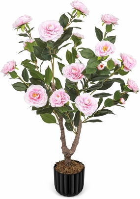 Artificial Camellia Tree for Indoor and Outdoor, Faux Flower Tree Plant in Pot Fake Topiaries for Home Front Porch Decor(1, Pink)