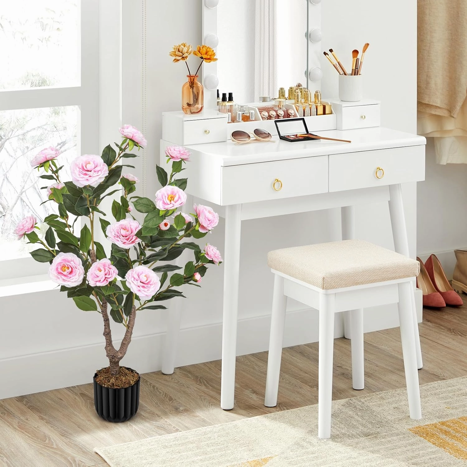 Artificial Camellia Tree for Indoor and Outdoor, Faux Flower Tree Plant in Pot Fake Topiaries for Home Front Porch Decor(1, Pink)