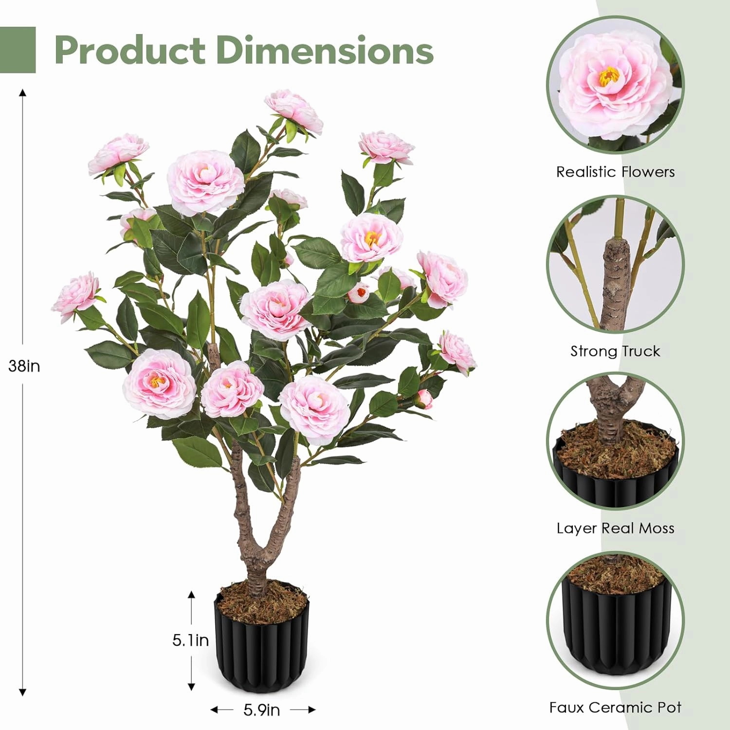 Artificial Camellia Tree for Indoor and Outdoor, Faux Flower Tree Plant in Pot Fake Topiaries for Home Front Porch Decor(1, Pink)