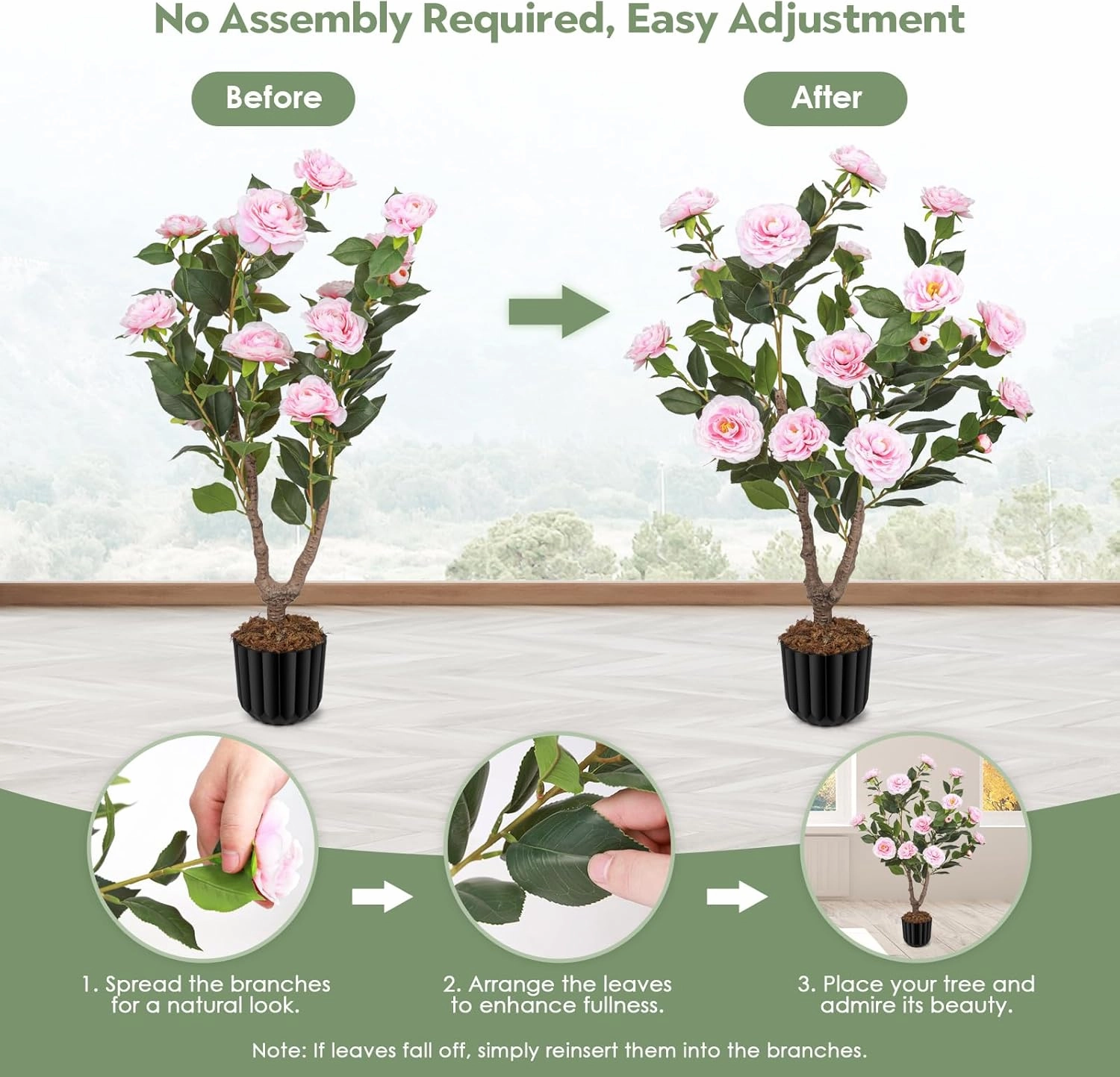 Artificial Camellia Tree for Indoor and Outdoor, Faux Flower Tree Plant in Pot Fake Topiaries for Home Front Porch Decor(1, Pink)
