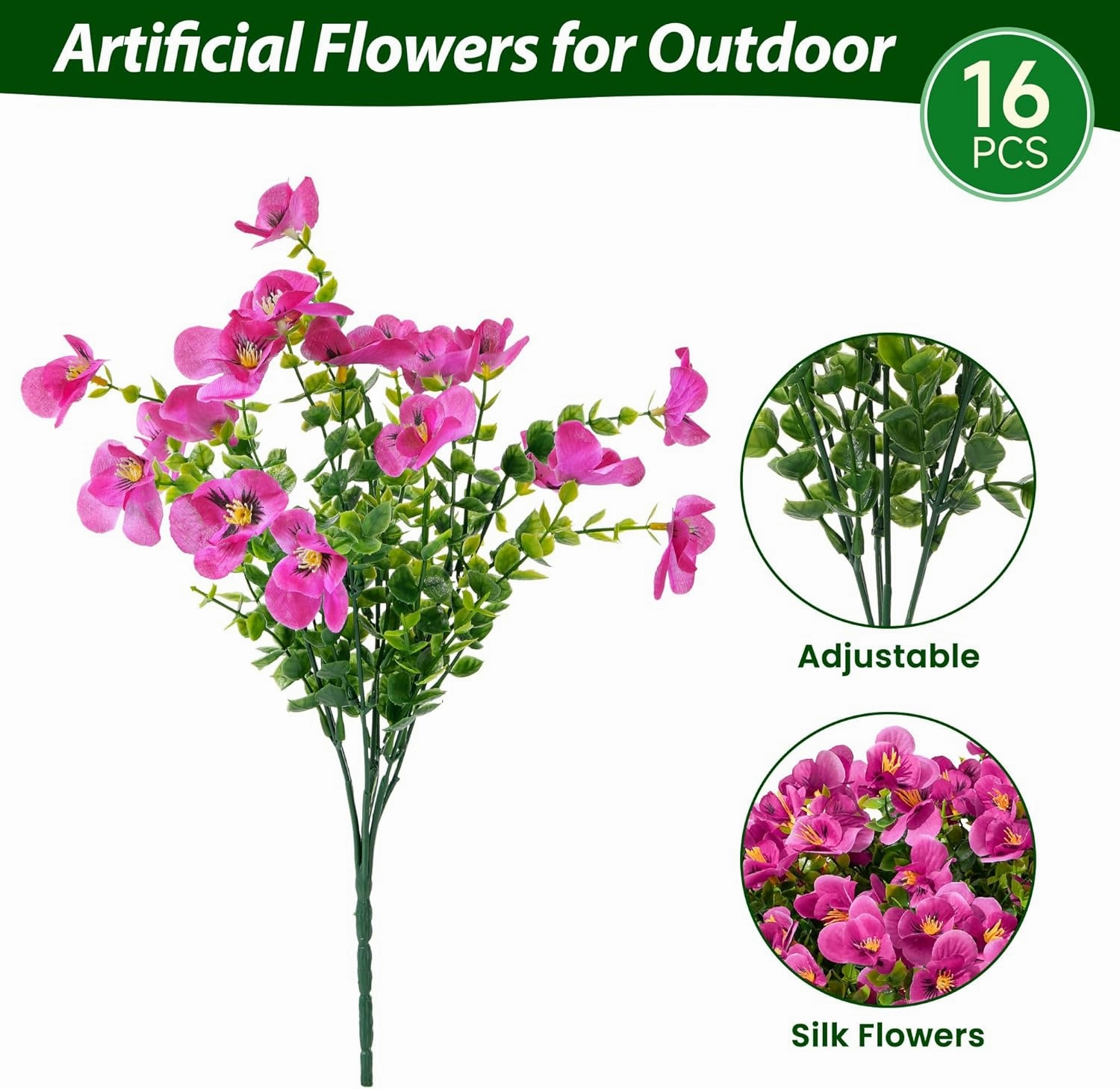 Artificial Flower for Outdoors Fake Plants,16 PCS Artificial Flowers, Faux UV Resistant Silk Pansies Spring Flowers for Outsid, Faux Flowers for Outdoor Planters (Pink)