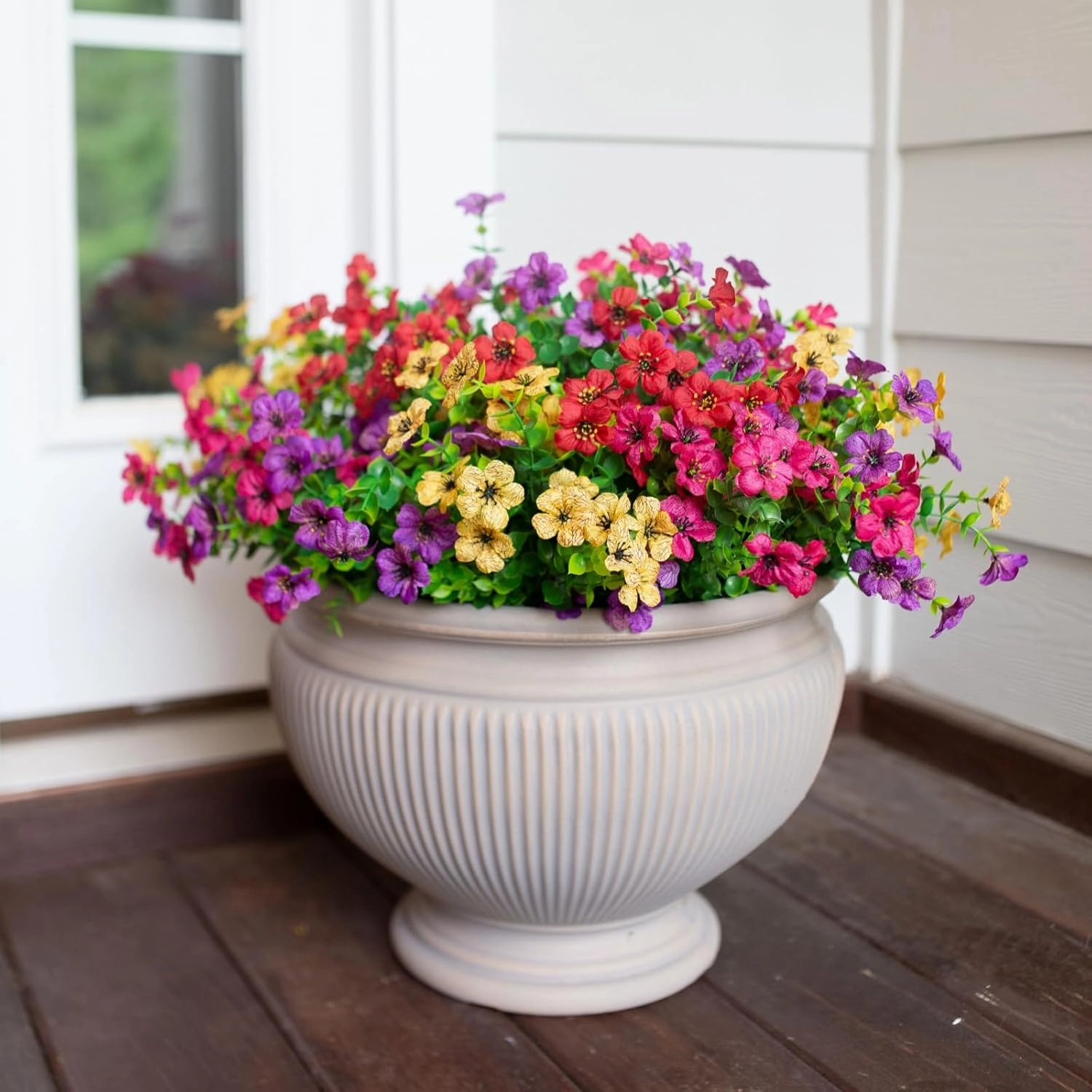 Artificial Flowers for Outdoor Indoor Garden Home Decoration, Faux Flower Daisy with Eucalyptus Leaves Fake Plants Greenery Boxwood Porch Patio, 12 Bundles (Mix Pink Red Purple Yellow)