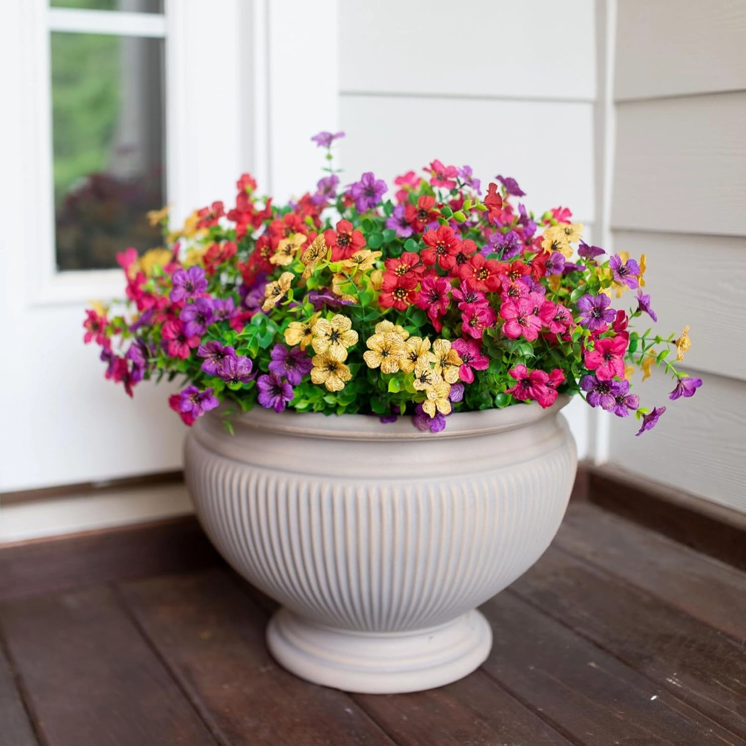 Artificial Flowers for Outdoor Indoor Garden Home Decoration, Faux Flower Daisy with Eucalyptus Leaves Fake Plants Greenery Boxwood Porch Patio, 12 Bundles (Mix Pink Red Purple Yellow)
