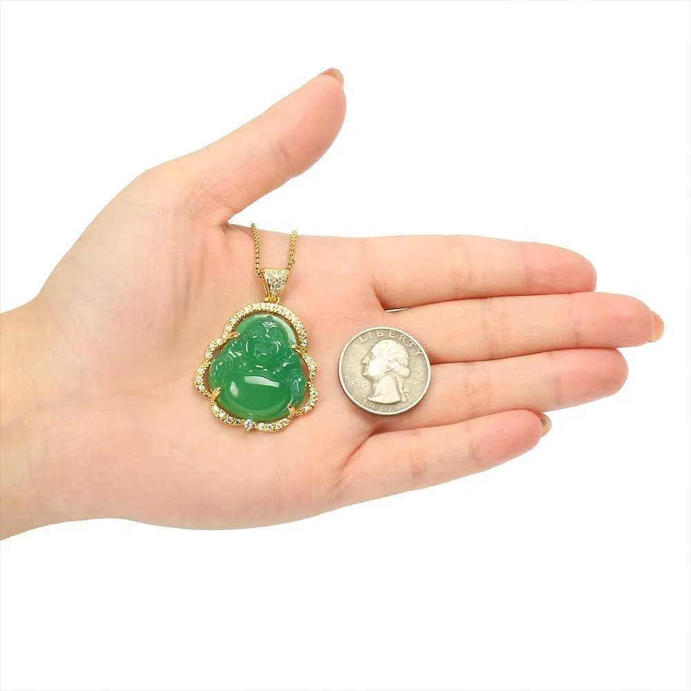 ASGIFT Laughing Buddha Necklace Cubic Zirconia Green Jade Buddha Pendant with 18K Gold Plated Chain Lucky Buddha Necklace Jewelry Gift
