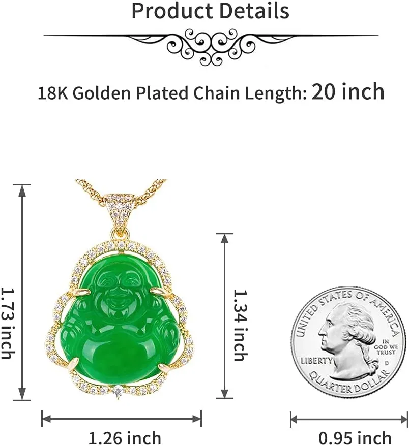 ASGIFT Laughing Buddha Necklace Cubic Zirconia Green Jade Buddha Pendant with 18K Gold Plated Chain Lucky Buddha Necklace Jewelry Gift