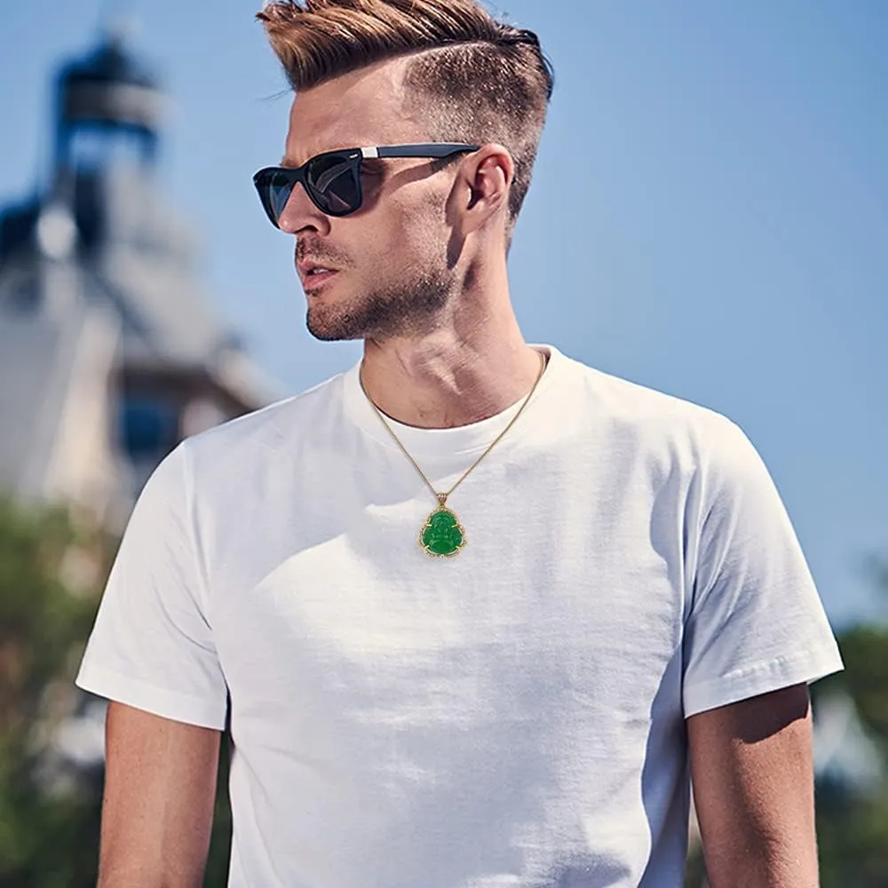 ASGIFT Laughing Buddha Necklace Cubic Zirconia Green Jade Buddha Pendant with 18K Gold Plated Chain Lucky Buddha Necklace Jewelry Gift