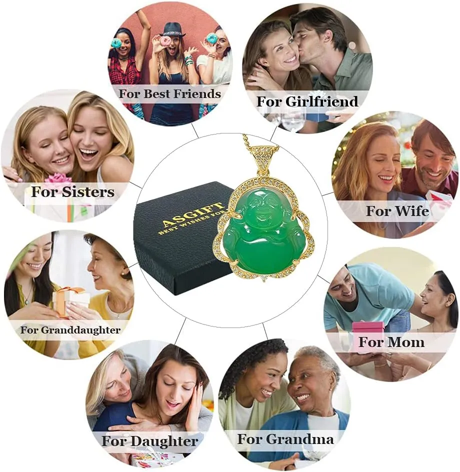 ASGIFT Laughing Buddha Necklace Cubic Zirconia Green Jade Buddha Pendant with 18K Gold Plated Chain Lucky Buddha Necklace Jewelry Gift