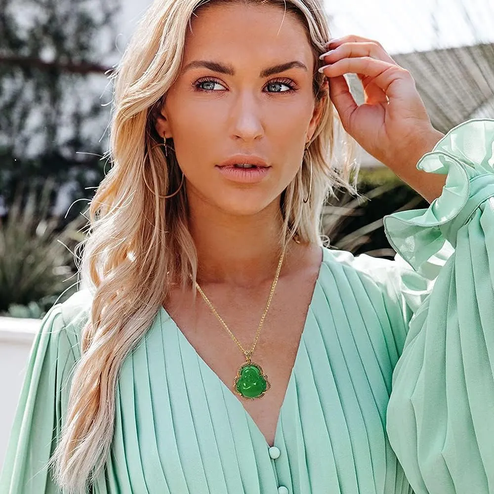 ASGIFT Laughing Buddha Necklace Cubic Zirconia Green Jade Buddha Pendant with 18K Gold Plated Chain Lucky Buddha Necklace Jewelry Gift