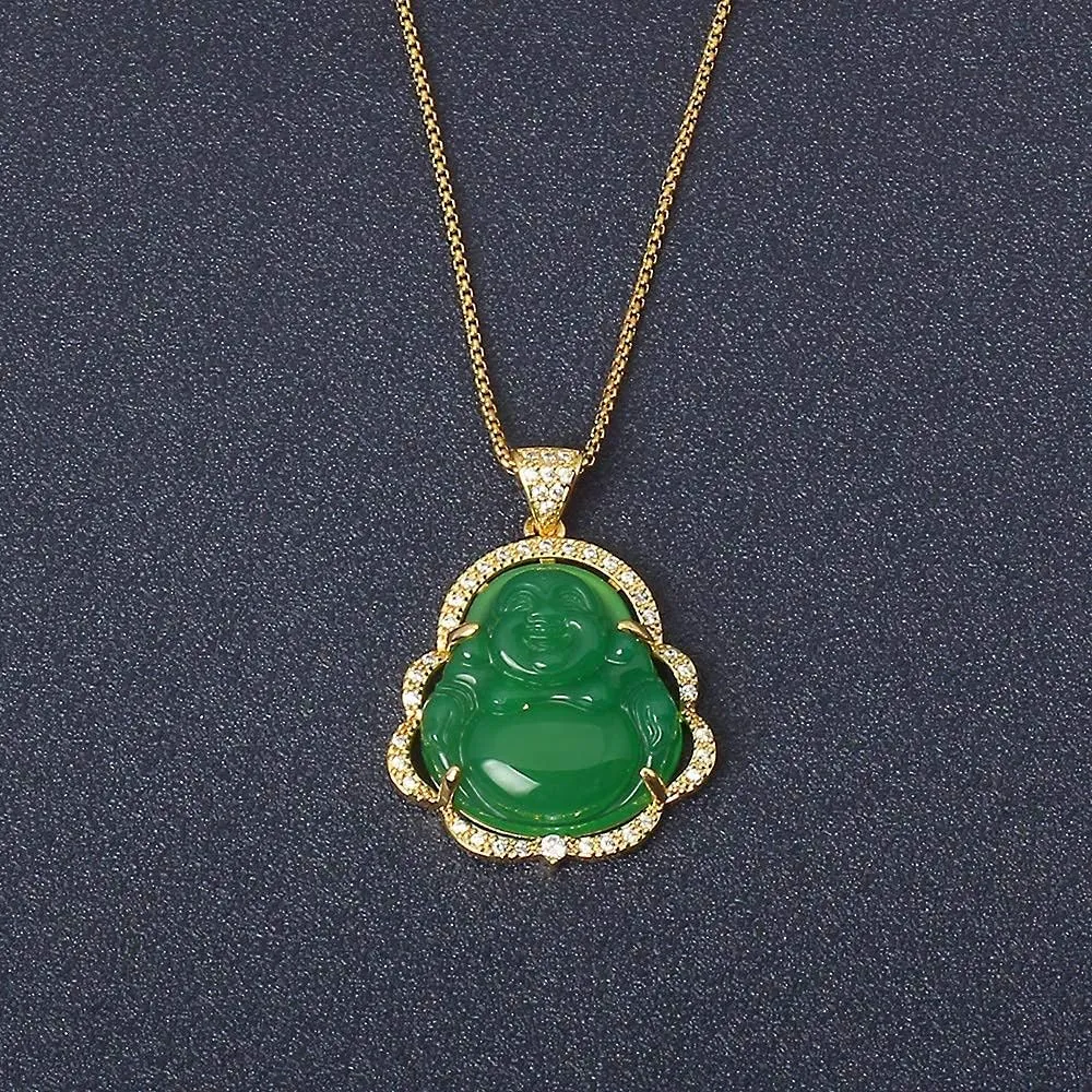 ASGIFT Laughing Buddha Necklace Cubic Zirconia Green Jade Buddha Pendant with 18K Gold Plated Chain Lucky Buddha Necklace Jewelry Gift