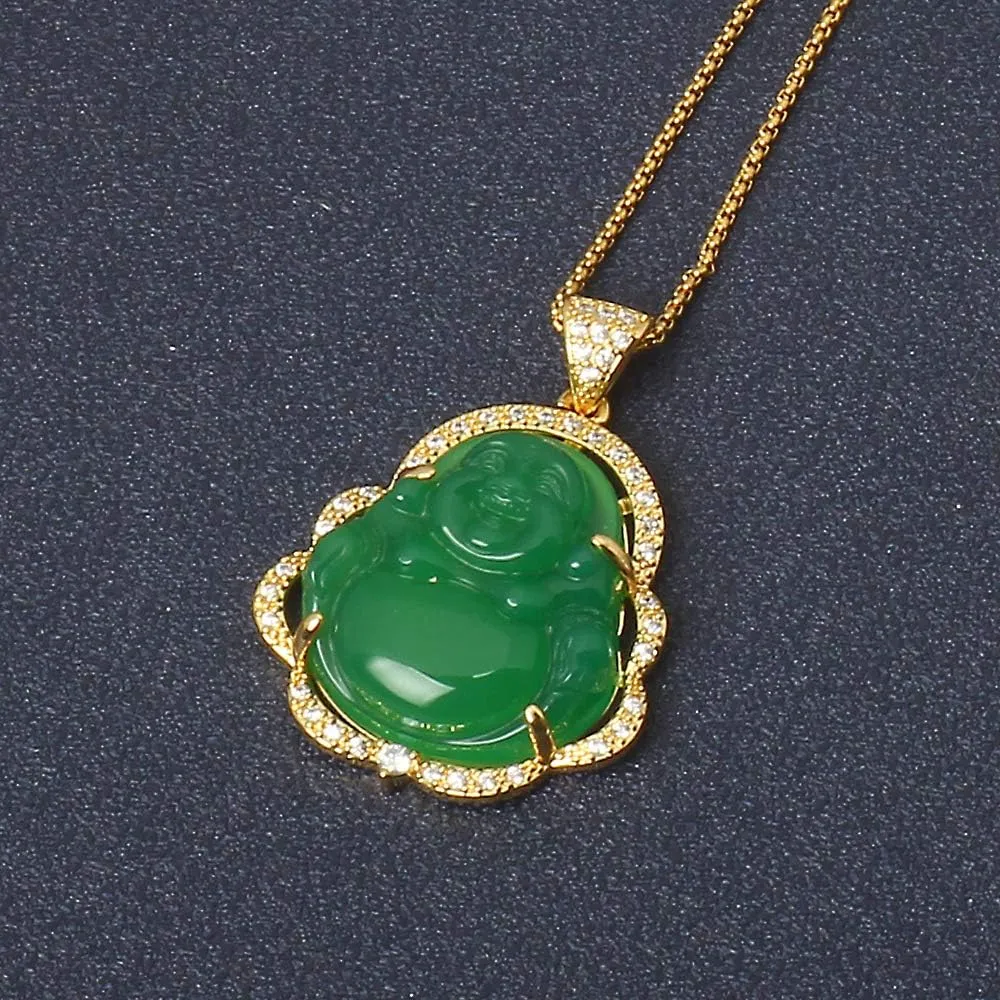 ASGIFT Laughing Buddha Necklace Cubic Zirconia Green Jade Buddha Pendant with 18K Gold Plated Chain Lucky Buddha Necklace Jewelry Gift
