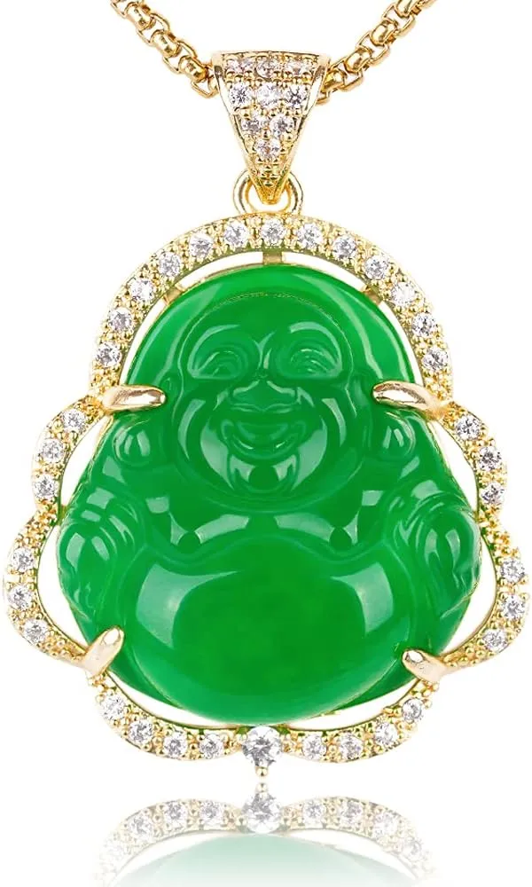 ASGIFT Laughing Buddha Necklace Cubic Zirconia Green Jade Buddha Pendant with 18K Gold Plated Chain Lucky Buddha Necklace Jewelry Gift