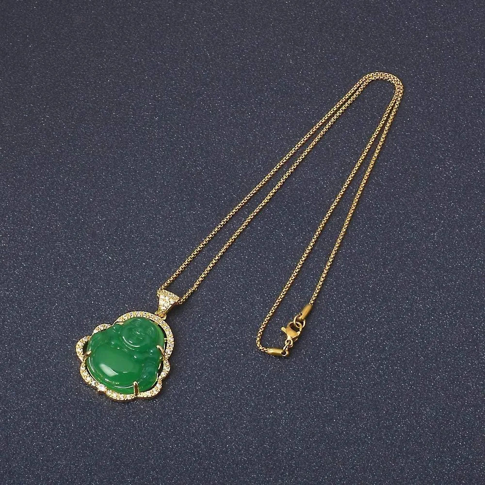 ASGIFT Laughing Buddha Necklace Cubic Zirconia Green Jade Buddha Pendant with 18K Gold Plated Chain Lucky Buddha Necklace Jewelry Gift