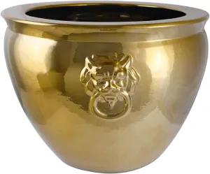 Asian Gold Cachepot Planter with Lion Handles for Home and Garden 14 Inch Wide