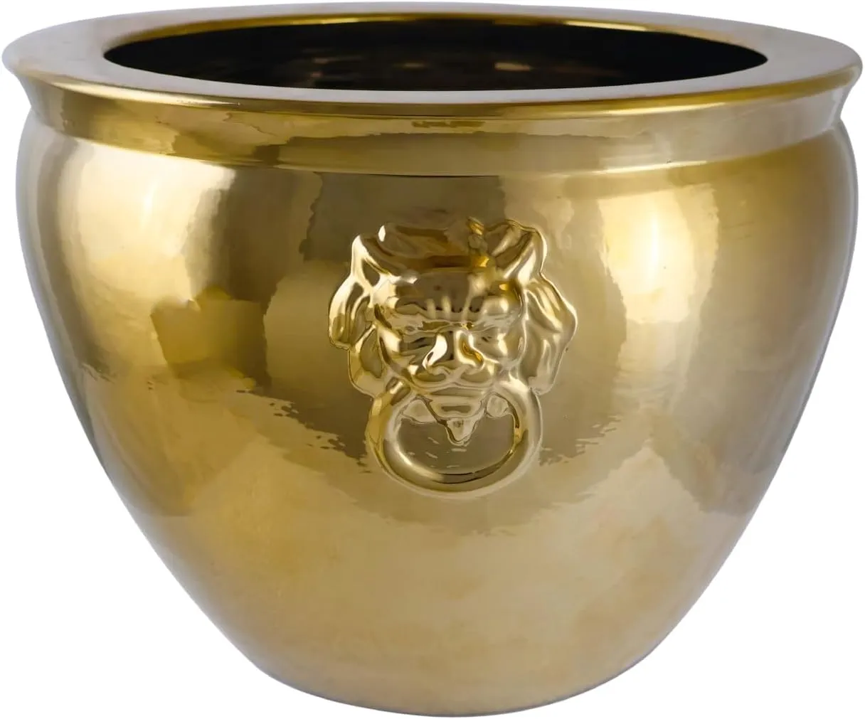 Asian Gold Cachepot Planter with Lion Handles for Home and Garden 14 Inch Wide