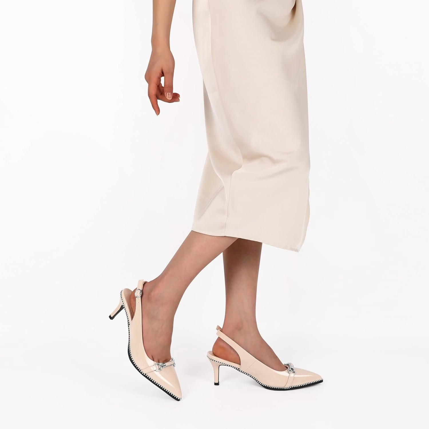 AUMOTED Women's Slingback Heels Beaded Kitten Pumps Pointed Toe Low Heels Comfortable 2.5 Inch Dress Sandals