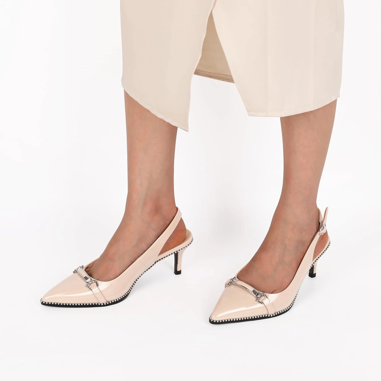 AUMOTED Women's Slingback Heels Beaded Kitten Pumps Pointed Toe Low Heels Comfortable 2.5 Inch Dress Sandals