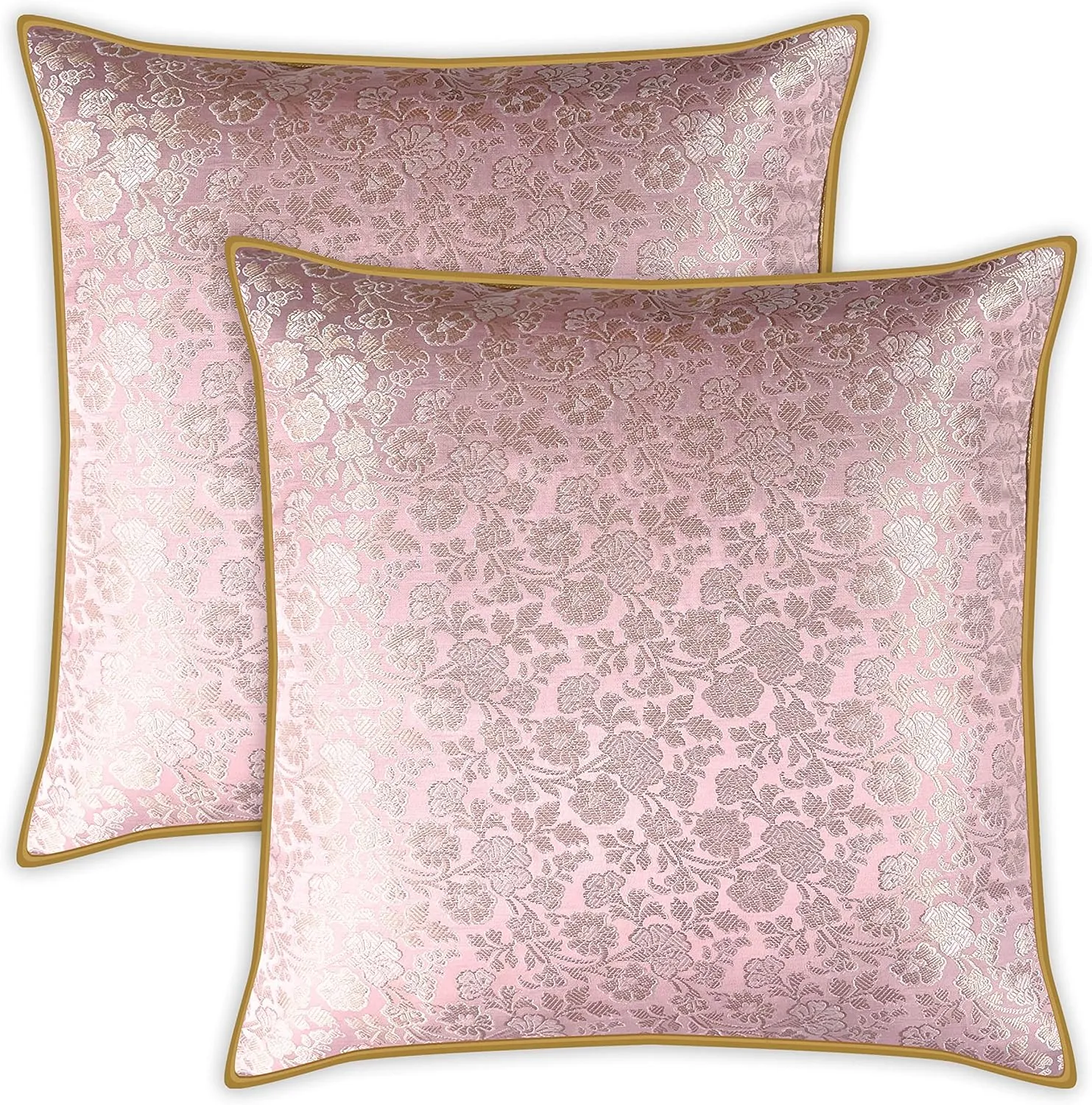 AVKA Studio Throw Pillow Covers - Pack of 2 Faux Silk Broacde Decorative Pillows - 20x20 - Baby Pink with Light Gold - Indian Cushion Cover-Cover Only