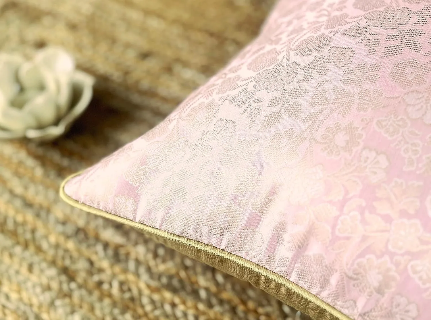 AVKA Studio Throw Pillow Covers - Pack of 2 Faux Silk Broacde Decorative Pillows - 20x20 - Baby Pink with Light Gold - Indian Cushion Cover-Cover Only