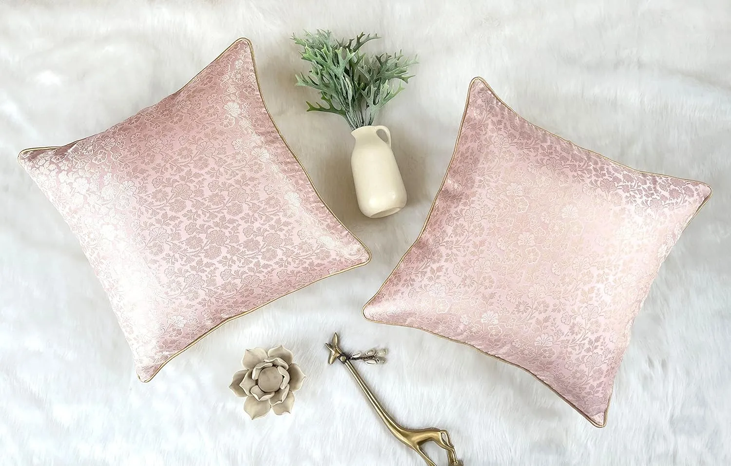 AVKA Studio Throw Pillow Covers - Pack of 2 Faux Silk Broacde Decorative Pillows - 20x20 - Baby Pink with Light Gold - Indian Cushion Cover-Cover Only