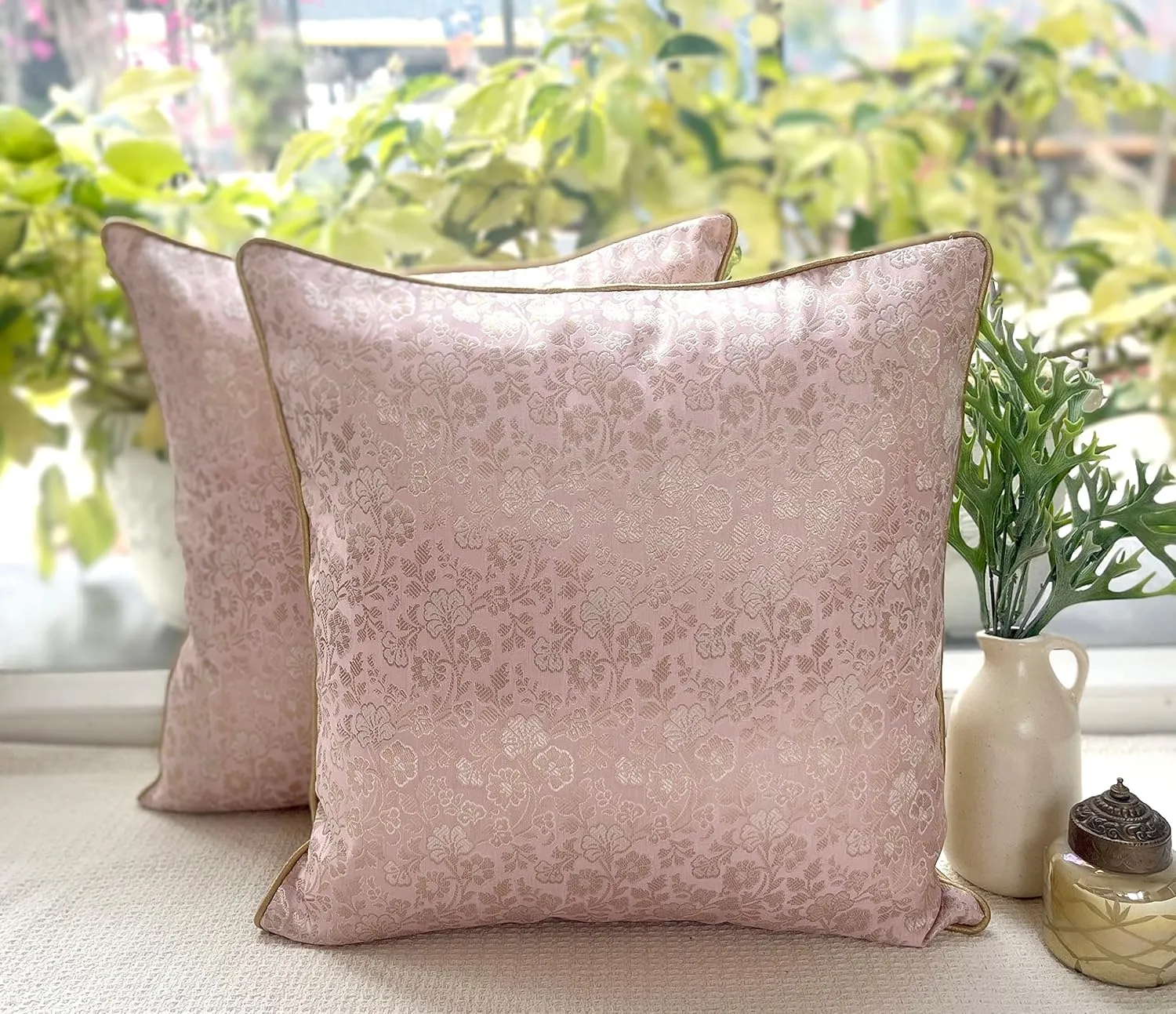 AVKA Studio Throw Pillow Covers - Pack of 2 Faux Silk Broacde Decorative Pillows - 20x20 - Baby Pink with Light Gold - Indian Cushion Cover-Cover Only