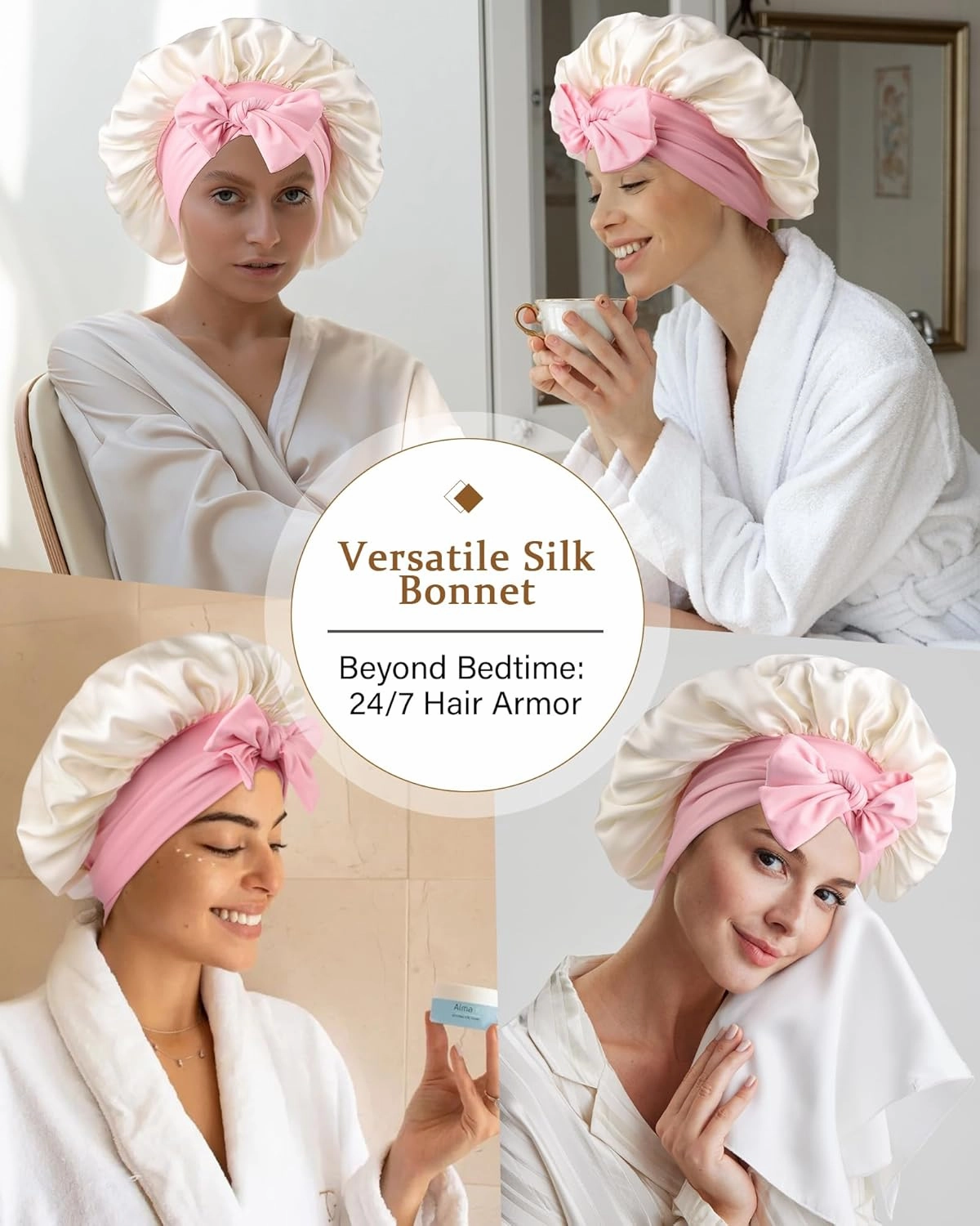 AWAYTR Mulberry Silk Bonnet for Sleeping - Silk Sleep Bonnet with Tie Band for Curly Hair Men and Women (Beige and Pink Tie Band)