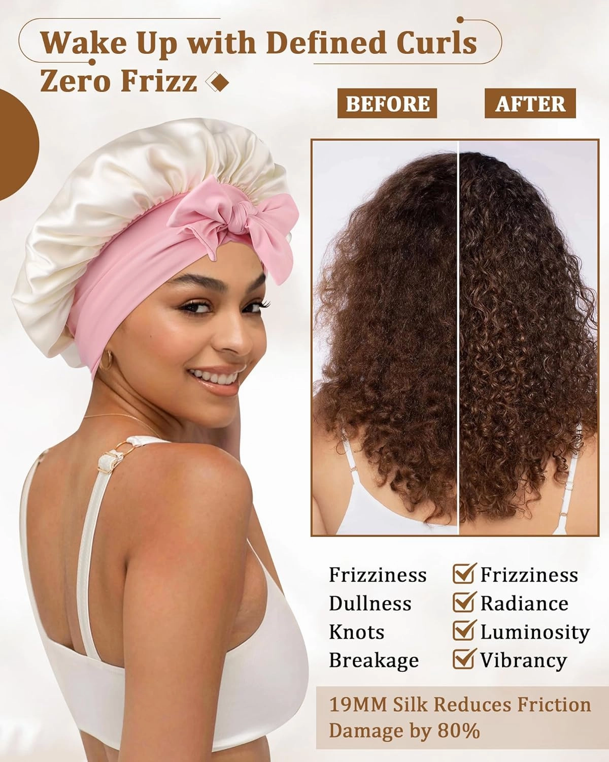 AWAYTR Mulberry Silk Bonnet for Sleeping - Silk Sleep Bonnet with Tie Band for Curly Hair Men and Women (Beige and Pink Tie Band)