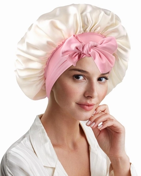 AWAYTR Mulberry Silk Bonnet for Sleeping - Silk Sleep Bonnet with Tie Band for Curly Hair Men and Women (Beige and Pink Tie Band)