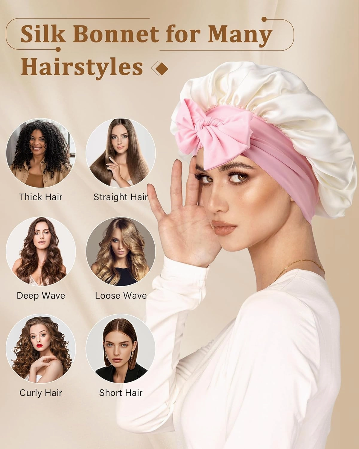 AWAYTR Mulberry Silk Bonnet for Sleeping - Silk Sleep Bonnet with Tie Band for Curly Hair Men and Women (Beige and Pink Tie Band)