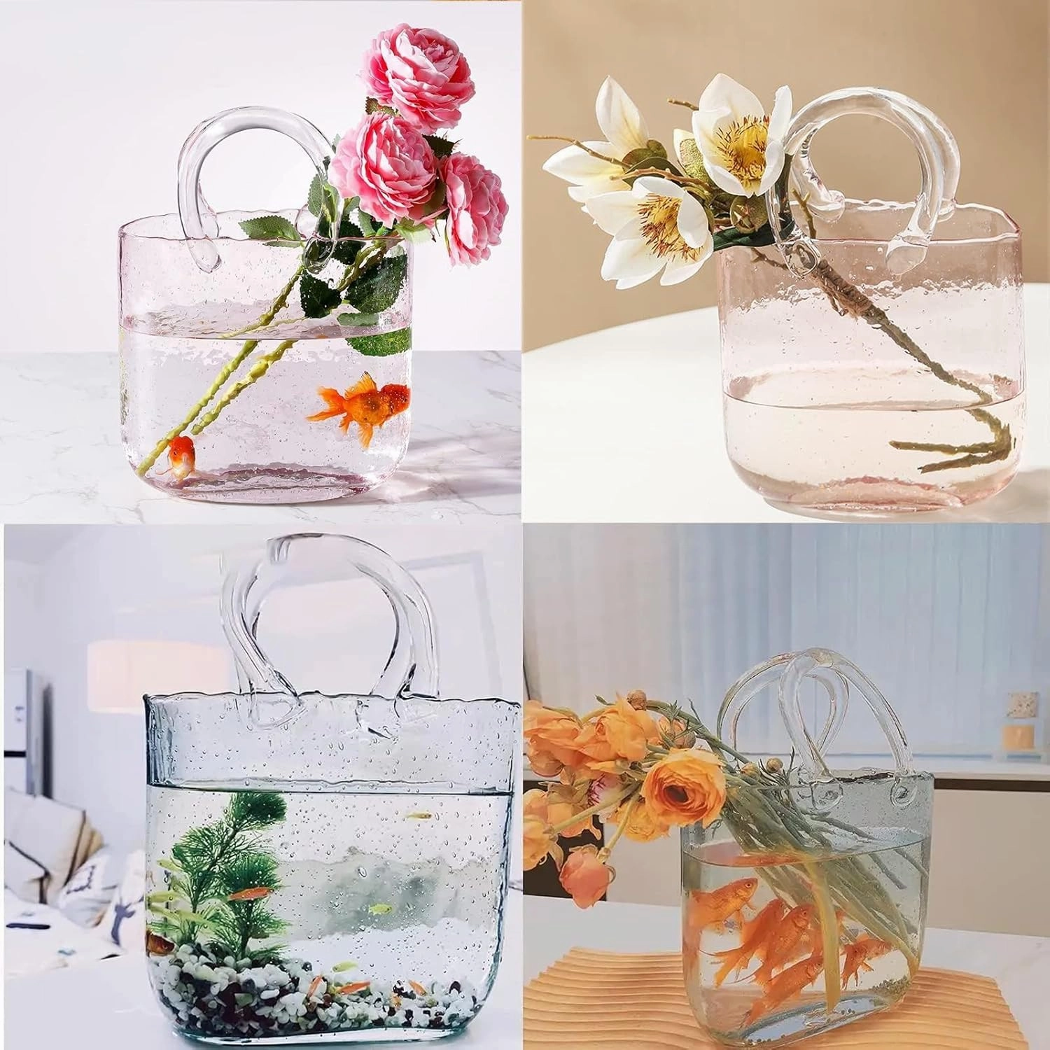 Bag Flower Vase, Glass Vase Bubbles Purse Vase with Fish Bowl Handbag Flower Vase, Decor Glass Vase for Photo/Birthday/Home Décor,Style1-Pink
