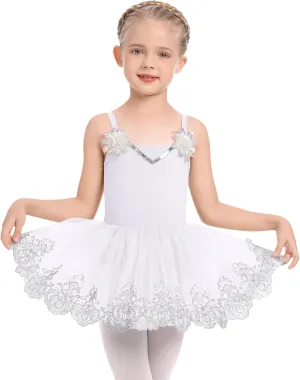 Ballerina Dress Ballet Leotards for Girl Shiny Sequins Flower Ballerina Tutu Floral Lace Dance Leotards Tulle Skirt