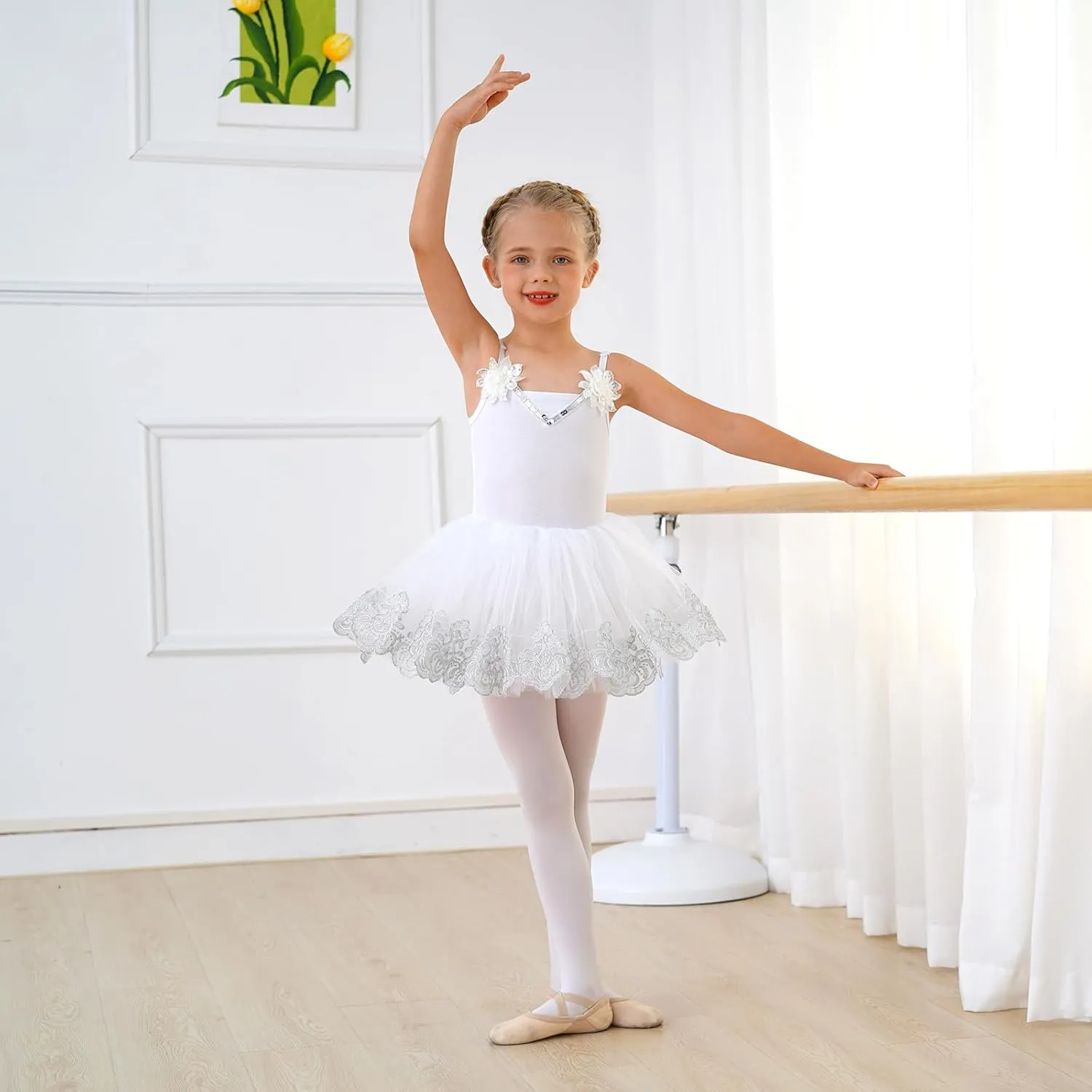 Ballerina Dress Ballet Leotards for Girl Shiny Sequins Flower Ballerina Tutu Floral Lace Dance Leotards Tulle Skirt
