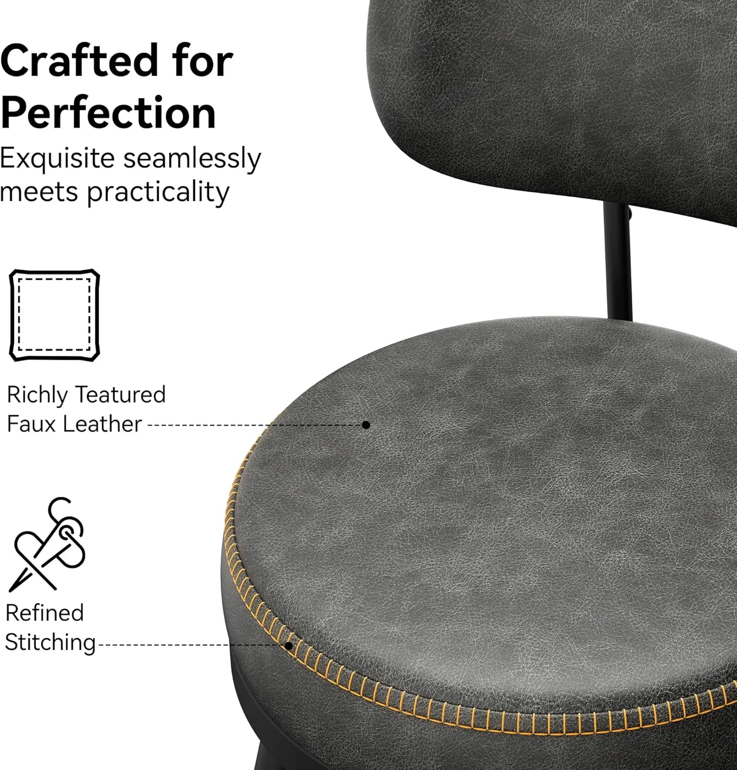 Bar Stools Set of 6, Faux Leather 26" H Swivel Counter Height Barstools with Back, Mid Century Modern Bar Stools with Stylish Stitching for Kitchen Island, Metal Base, Dark Grey