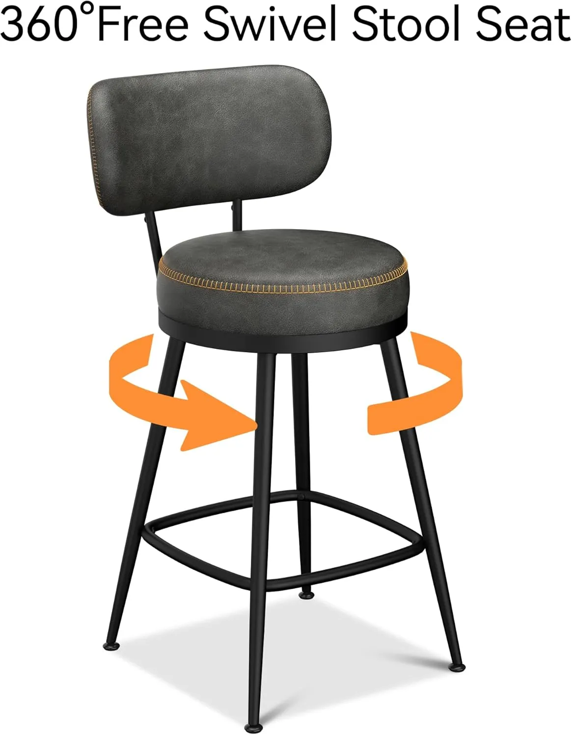 Bar Stools Set of 6, Faux Leather 26" H Swivel Counter Height Barstools with Back, Mid Century Modern Bar Stools with Stylish Stitching for Kitchen Island, Metal Base, Dark Grey