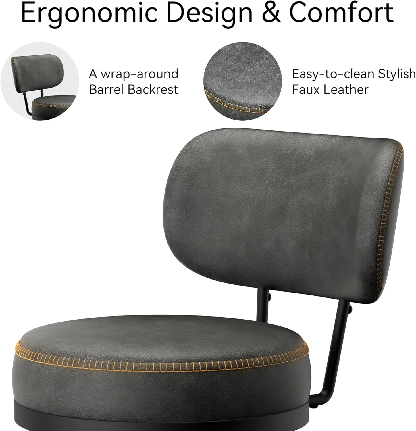 Bar Stools Set of 6, Faux Leather 26" H Swivel Counter Height Barstools with Back, Mid Century Modern Bar Stools with Stylish Stitching for Kitchen Island, Metal Base, Dark Grey