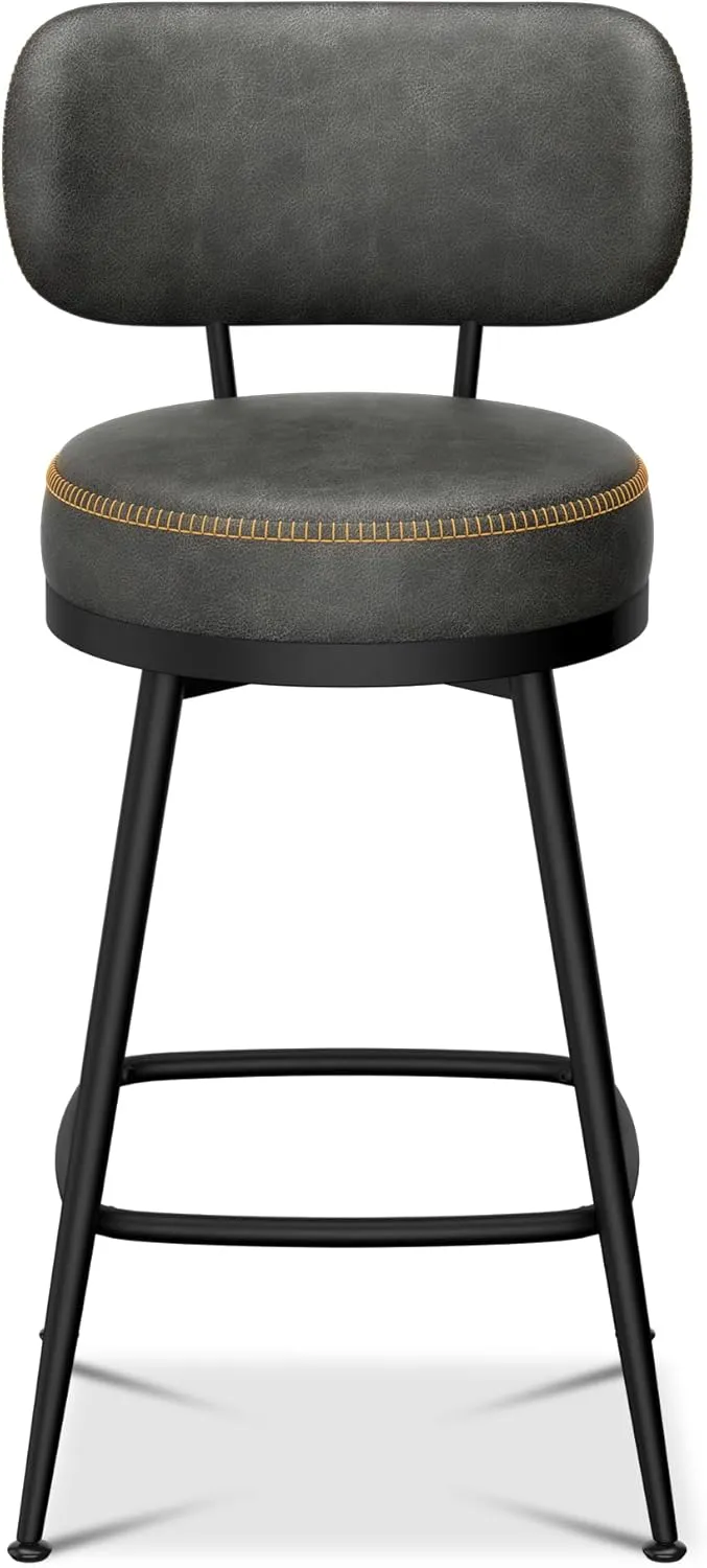Bar Stools Set of 6, Faux Leather 26" H Swivel Counter Height Barstools with Back, Mid Century Modern Bar Stools with Stylish Stitching for Kitchen Island, Metal Base, Dark Grey
