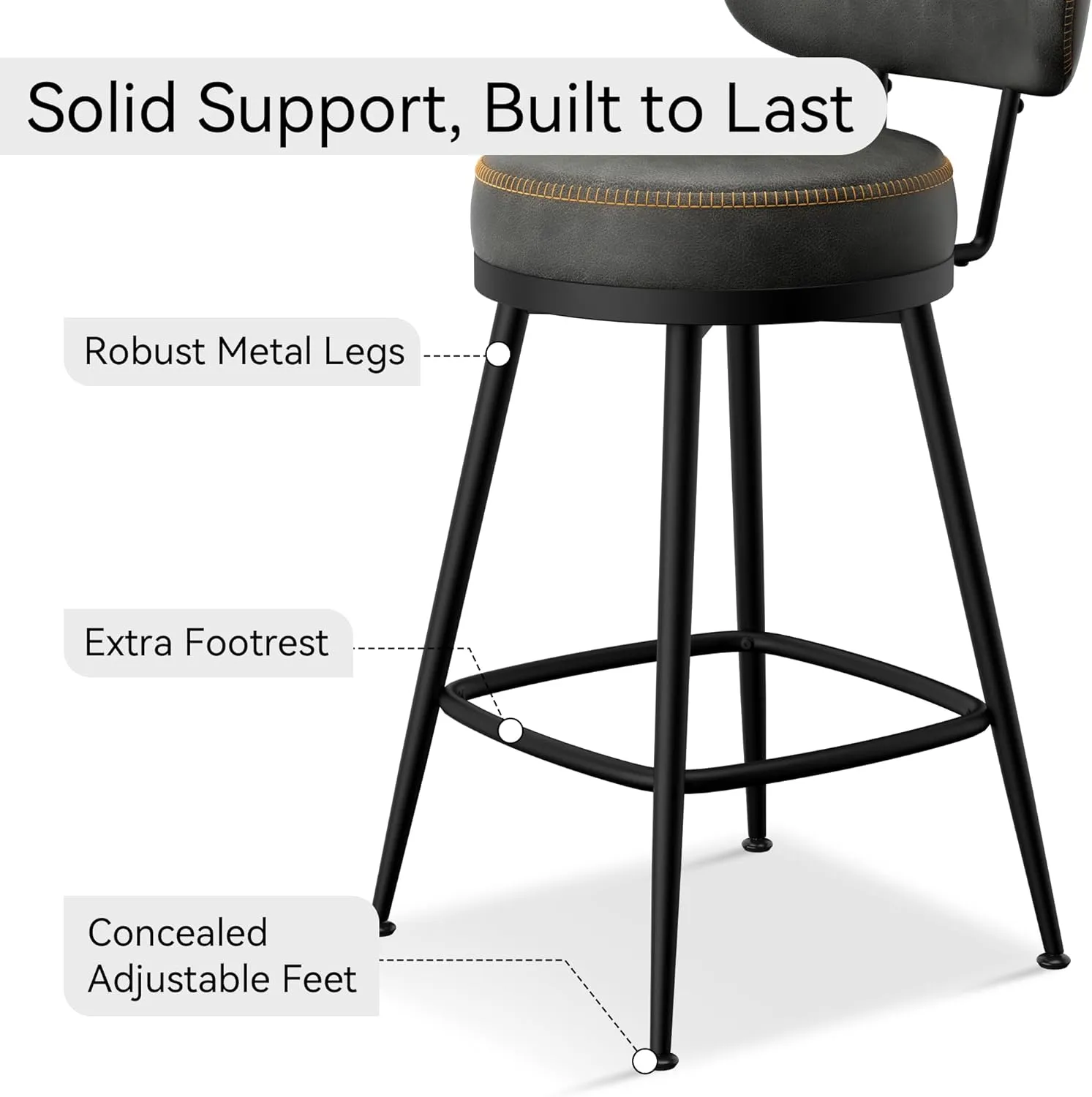 Bar Stools Set of 6, Faux Leather 26" H Swivel Counter Height Barstools with Back, Mid Century Modern Bar Stools with Stylish Stitching for Kitchen Island, Metal Base, Dark Grey