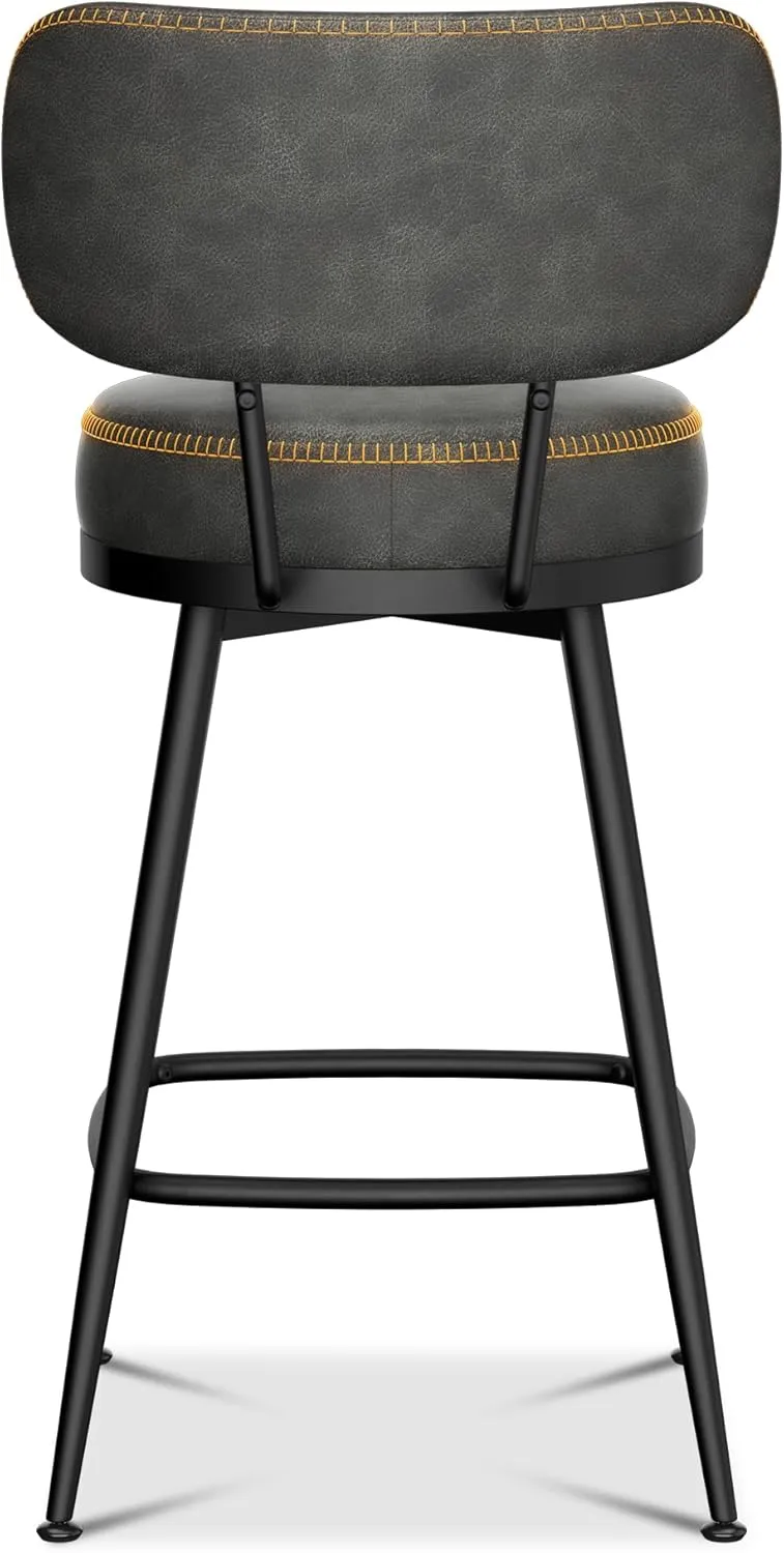 Bar Stools Set of 6, Faux Leather 26" H Swivel Counter Height Barstools with Back, Mid Century Modern Bar Stools with Stylish Stitching for Kitchen Island, Metal Base, Dark Grey
