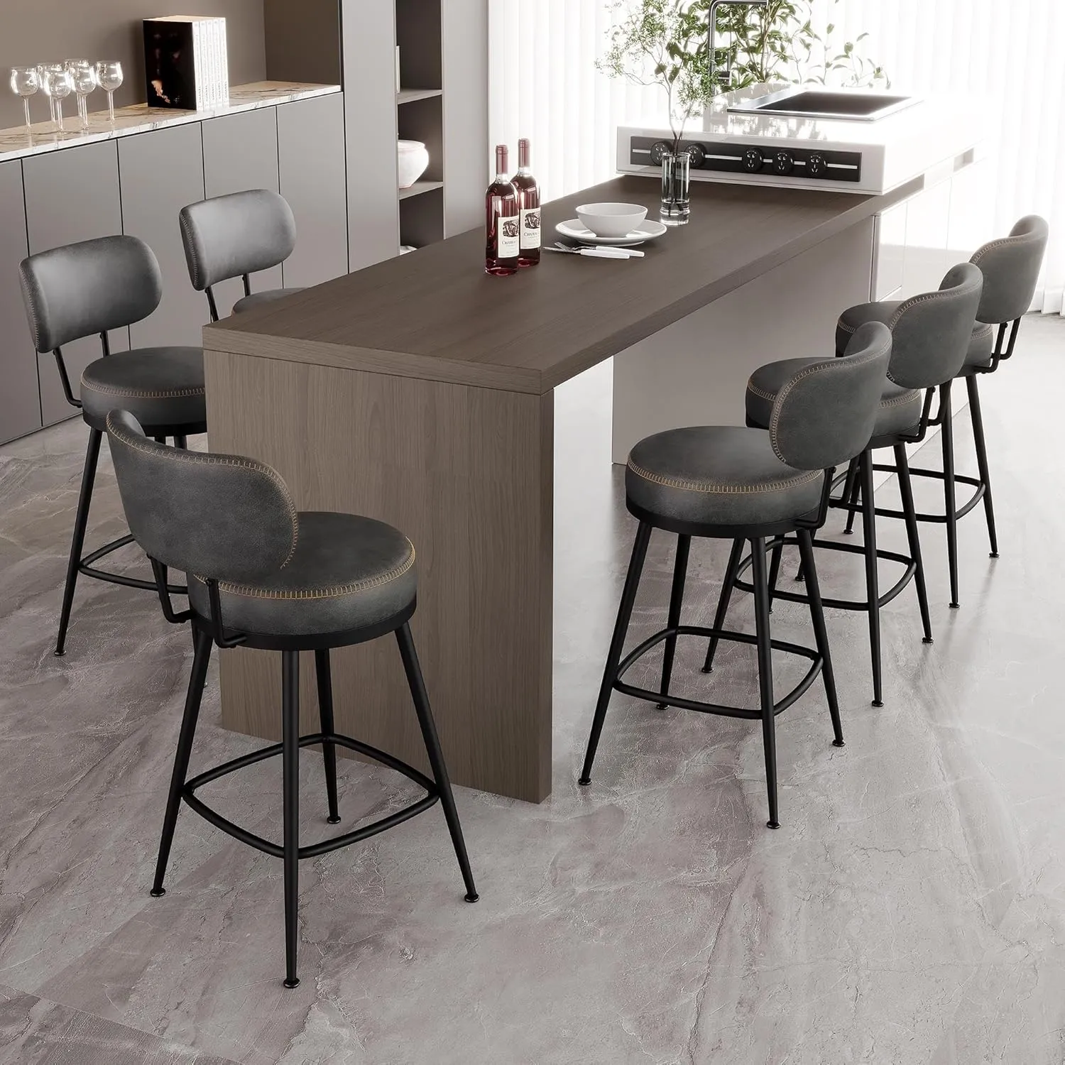 Bar Stools Set of 6, Faux Leather 26" H Swivel Counter Height Barstools with Back, Mid Century Modern Bar Stools with Stylish Stitching for Kitchen Island, Metal Base, Dark Grey