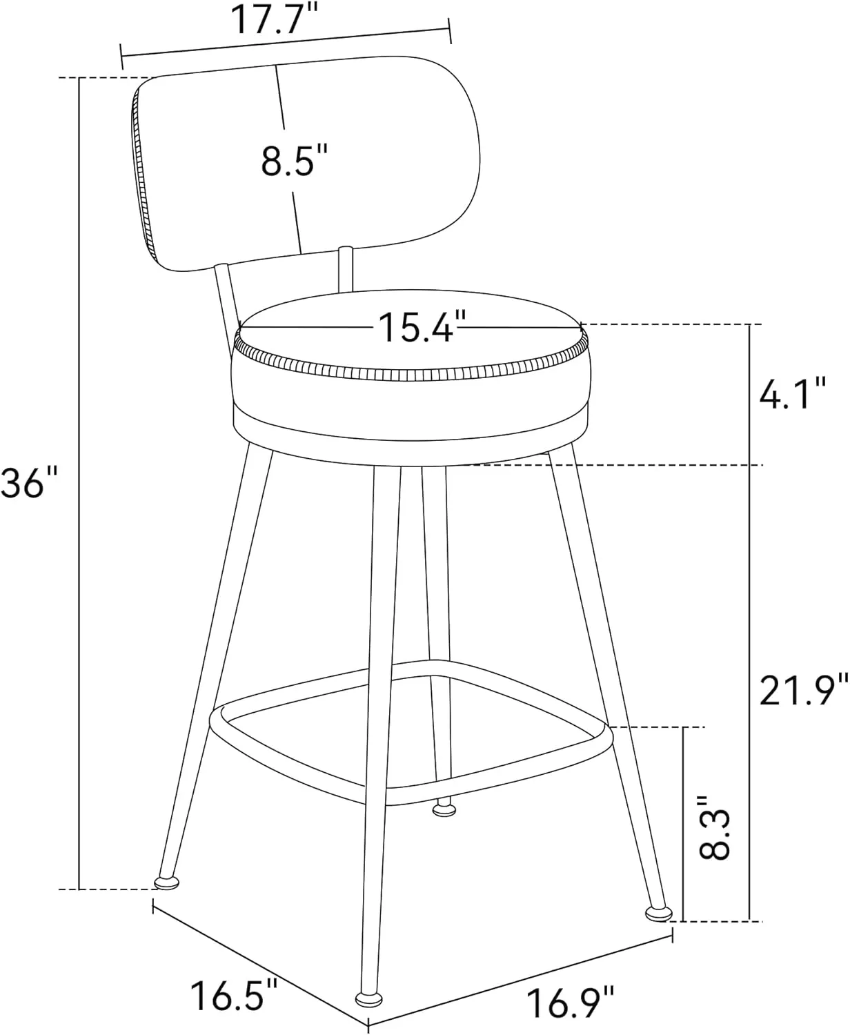Bar Stools Set of 6, Faux Leather 26" H Swivel Counter Height Barstools with Back, Mid Century Modern Bar Stools with Stylish Stitching for Kitchen Island, Metal Base, Dark Grey