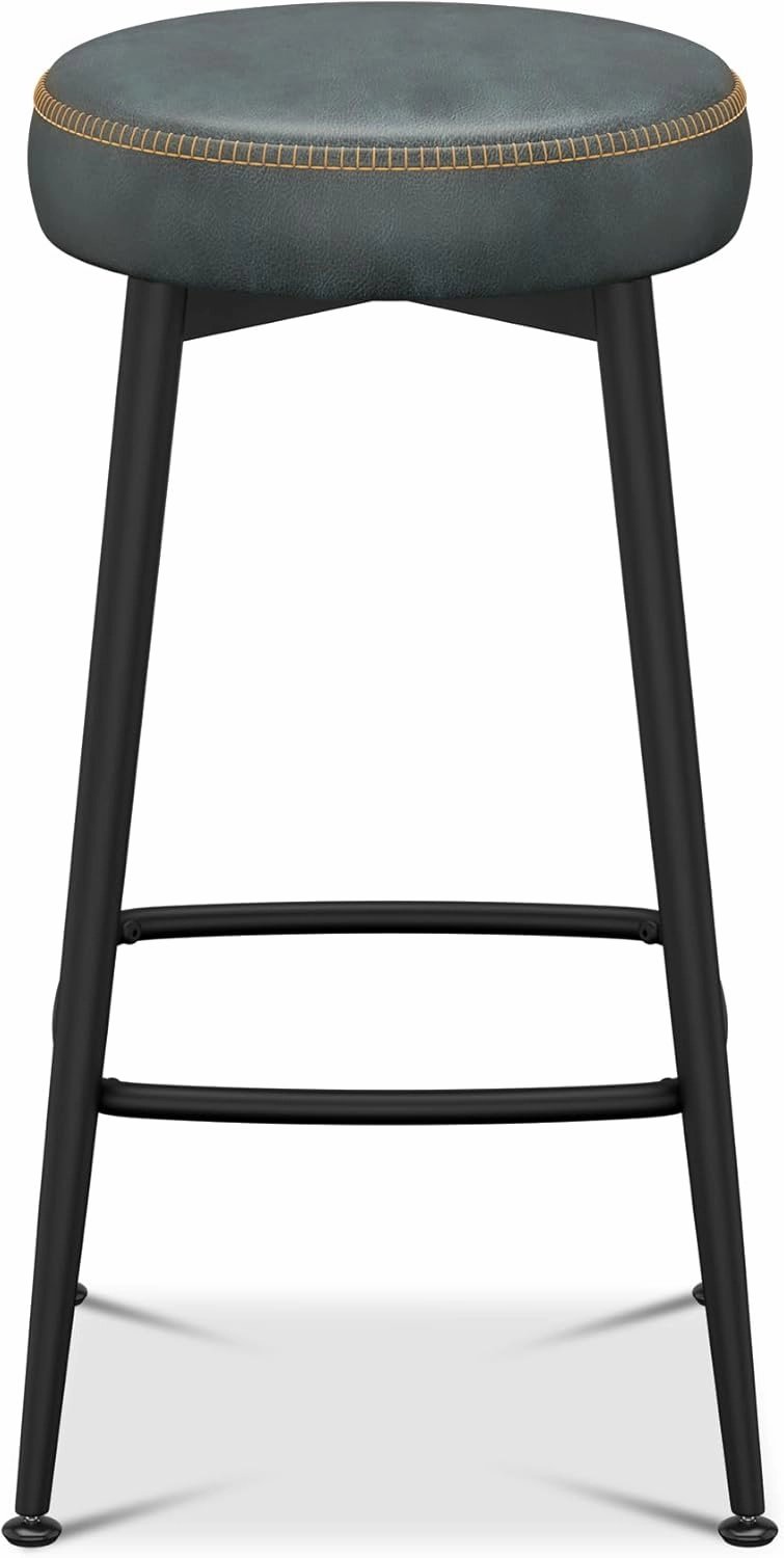Bar Stools Set of 2, 26.3" H Faux Leather Counter Height Bar Stools, Mid-Century Modern Backless Counter Stools for Kitchen Island, Home Bar, Dark Blue