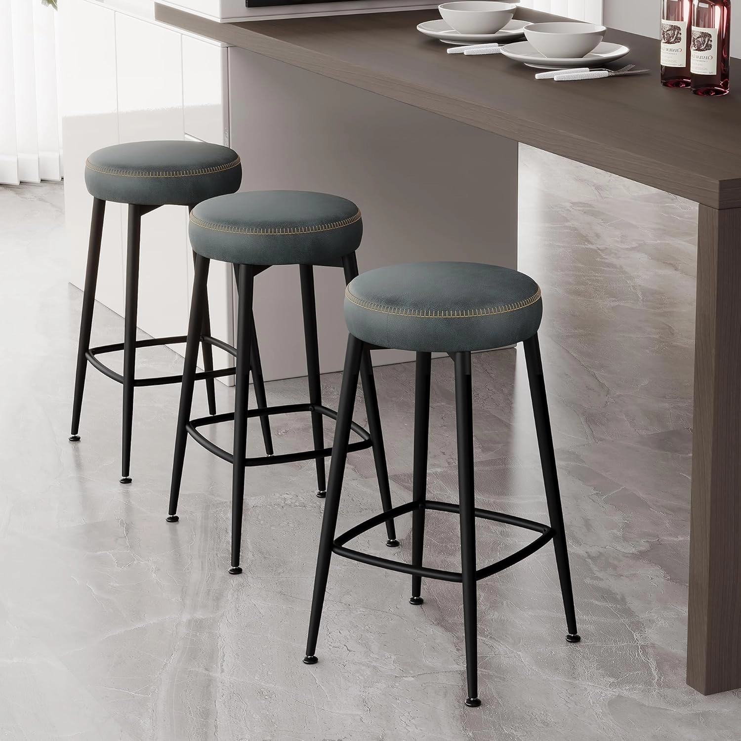 Bar Stools Set of 2, 26.3" H Faux Leather Counter Height Bar Stools, Mid-Century Modern Backless Counter Stools for Kitchen Island, Home Bar, Dark Blue