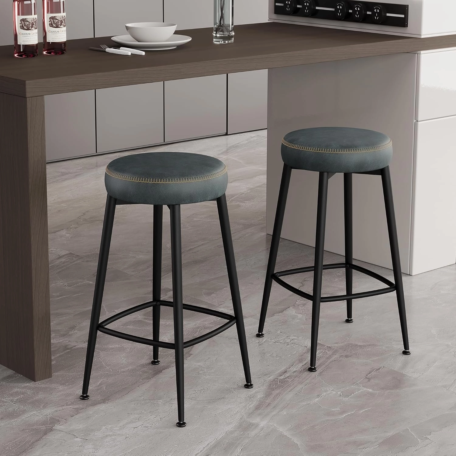 Bar Stools Set of 2, 26.3" H Faux Leather Counter Height Bar Stools, Mid-Century Modern Backless Counter Stools for Kitchen Island, Home Bar, Dark Blue