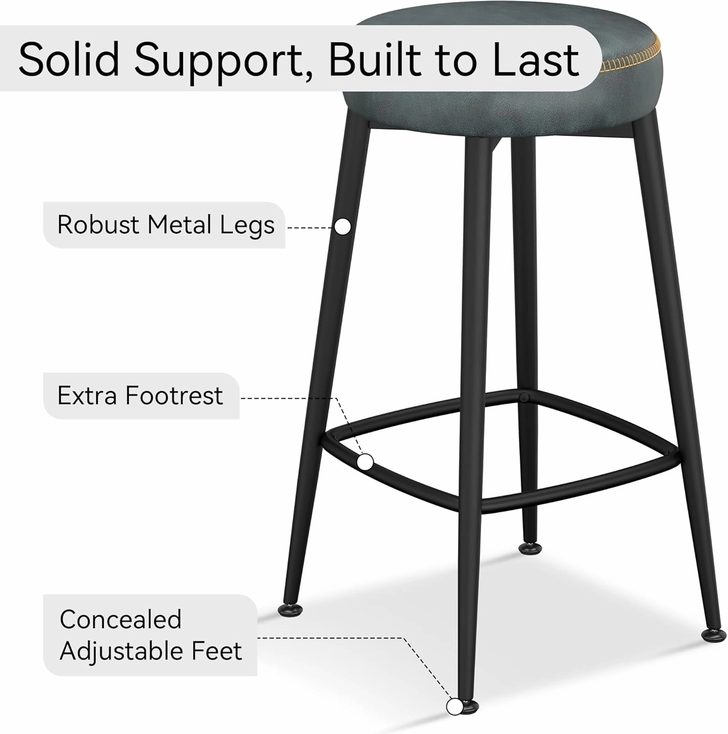 Bar Stools Set of 2, 26.3" H Faux Leather Counter Height Bar Stools, Mid-Century Modern Backless Counter Stools for Kitchen Island, Home Bar, Dark Blue