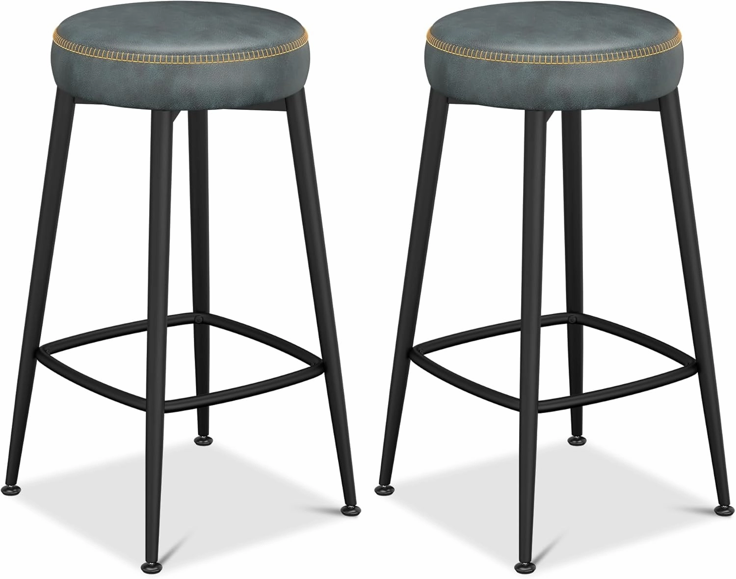 Bar Stools Set of 2, 26.3" H Faux Leather Counter Height Bar Stools, Mid-Century Modern Backless Counter Stools for Kitchen Island, Home Bar, Dark Blue