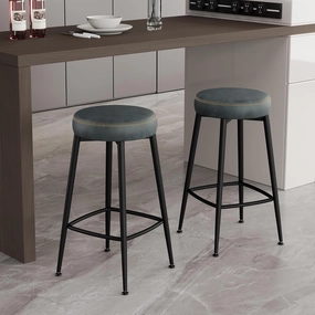 Bar Stools Set of 2, 26.3" H Faux Leather Counter Height Bar Stools, Mid-Century Modern Backless Counter Stools for Kitchen Island, Home Bar, Dark Blue