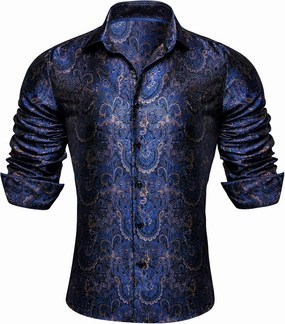 Barry.Wang Mens Western Shirts Silk Paisley Long Sleeve Button Down Dress Shirt Designer Mexico Cowboy Shirt Party Casual