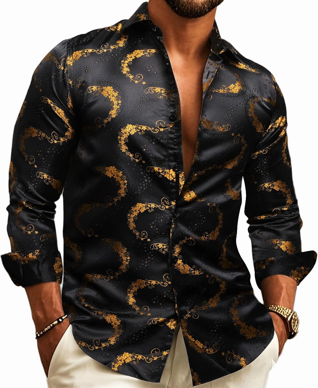 Barry.Wang Mens Western Shirts Silk Paisley Long Sleeve Button Down Dress Shirt Designer Mexico Cowboy Shirt Party Casual