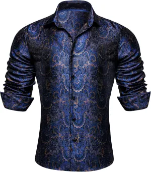 Barry.Wang Mens Western Shirts Silk Paisley Long Sleeve Button Down Dress Shirt Designer Mexico Cowboy Shirt Party Casual